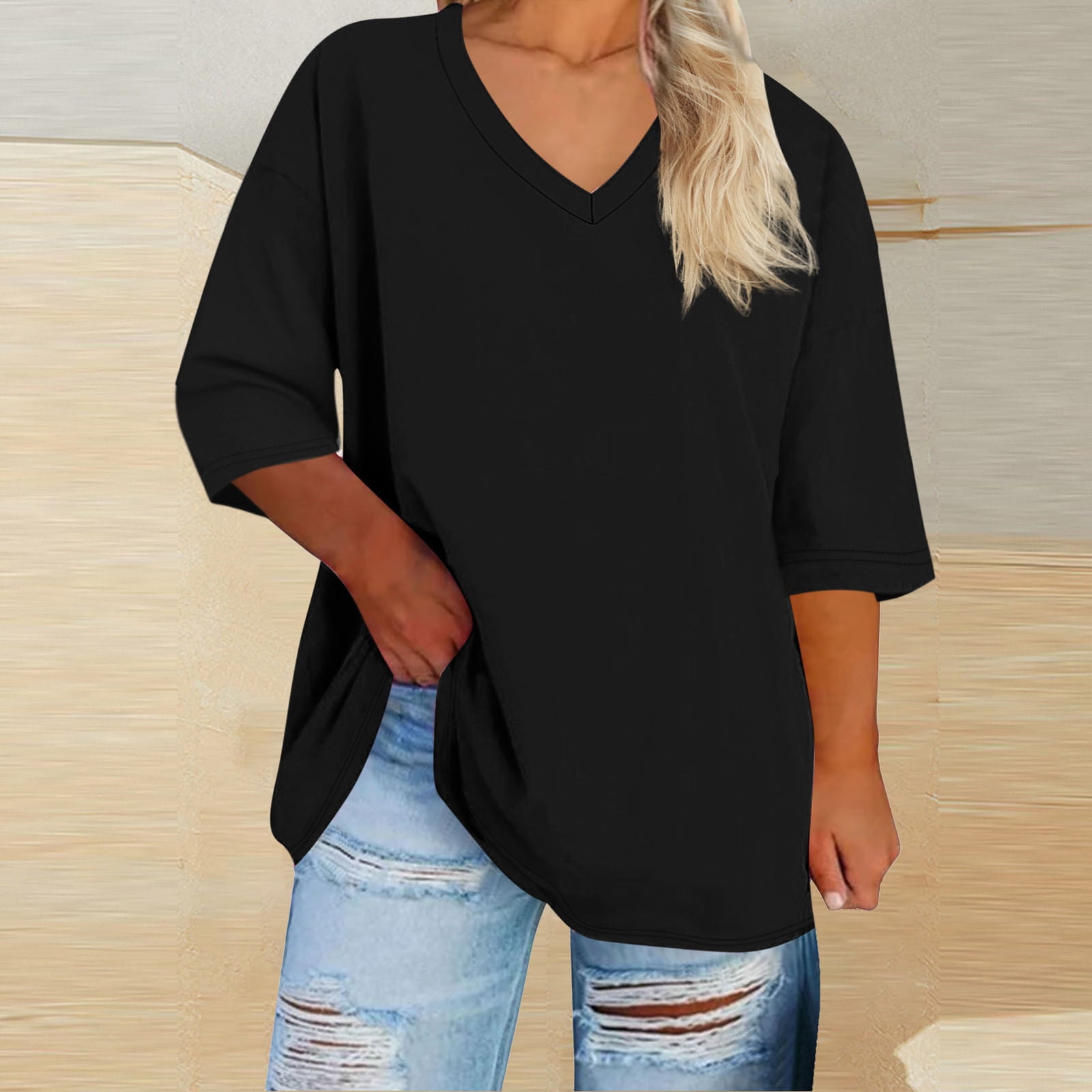 3/4 Sleeve Tops for Women Plus Size XL-5X V Neck T Shirts Womens Casual Solid Color Loose Pullover Breathable Basic Athletic Workout Tees Top