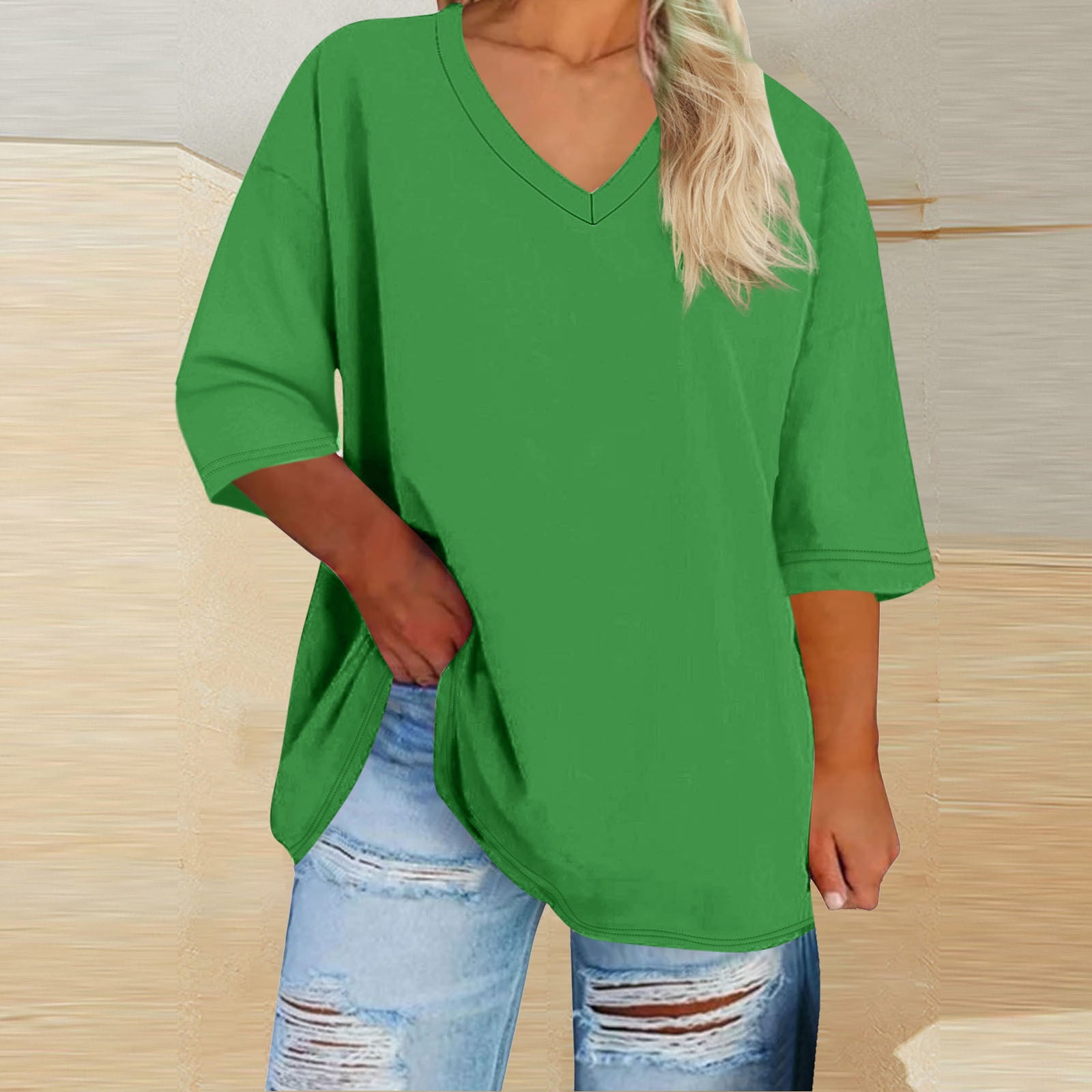 3/4 Sleeve Tops for Women Plus Size XL-5X V Neck T Shirts Womens Casual Solid Color Loose Pullover Breathable Basic Athletic Workout Tees Top