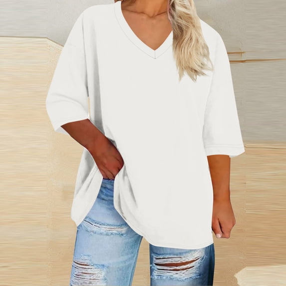 3/4 Sleeve Tops for Women Plus Size XL-5X V Neck T Shirts Womens Casual Solid Color Loose Pullover Breathable Basic Athletic Workout Tees Top