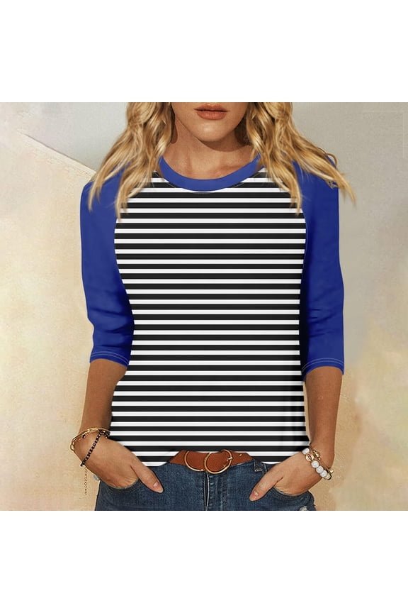 3/4 Sleeve Tops for Women Raglan Contrast Crewneck Casual Shirts Three Quarter Length Loose Fit Summer Blouses Dark Blue XXL