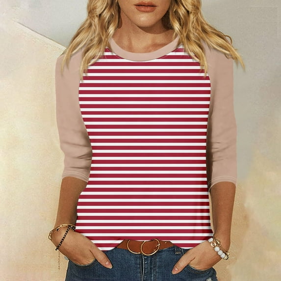 3/4 Sleeve Tops for Women Raglan Contrast Crewneck Casual Shirts Three Quarter Length Loose Fit Summer Blouses Multicolor XL