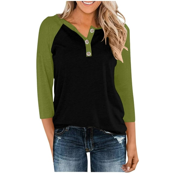 3/4 Sleeve Tops for Women Raglan Tees Casual Slim Fit Button Up Color Blocked Pajama Sleep Tops
