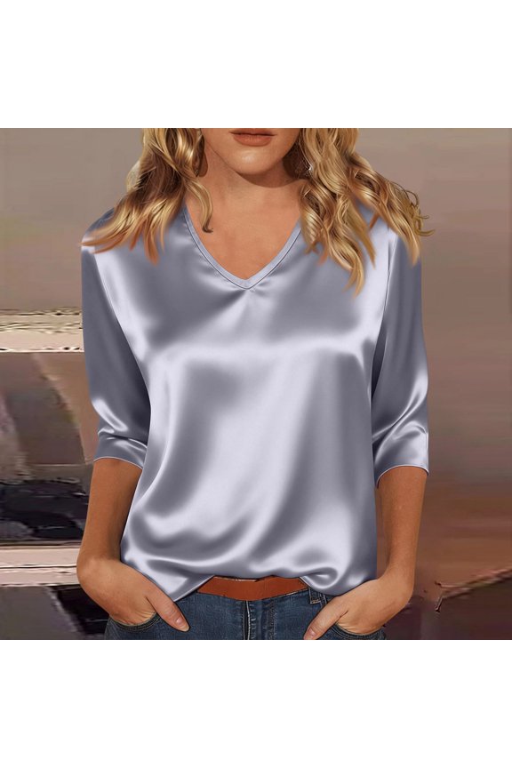 3/4 Sleeve Tops for Women Satin Slik Summer V Neck Shirts Fashion Solid Vacation Blouse, Gray M