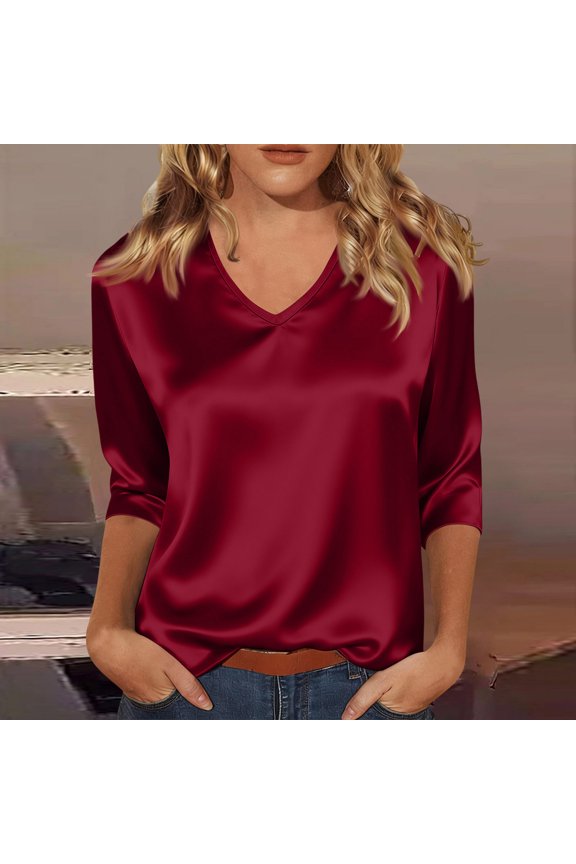3/4 Sleeve Tops for Women Satin Slik Summer V Neck Shirts Fashion Solid Vacation Blouse, Red 2XL