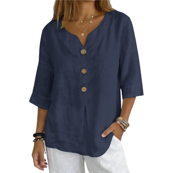3/4 Sleeve Tops for Women Solid Color Button Loose Casual Work Blouses 2026 Trendy Tunic Top——Navy∣2XL