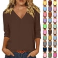 thumbnail image 1 of 3/4 Sleeve Tops for Women Solid Color Cotton Linen V Neck Tunic Tops for Daily Wear,S-5XL, 1 of 8