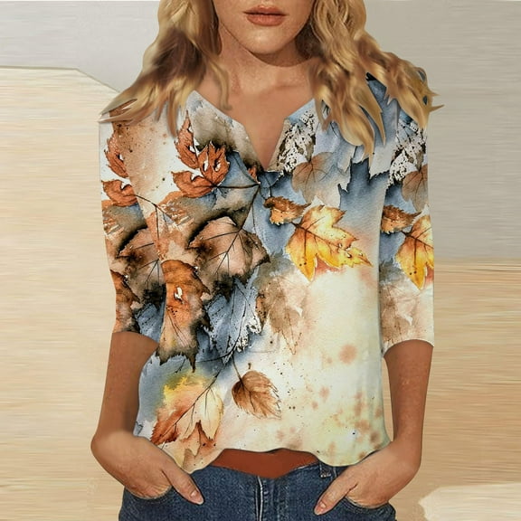 3/4 Sleeve Tops for Women Summer Notched V Neck Plain T Shirts Casual Cute Three Quarter Length Blouses Khaki M