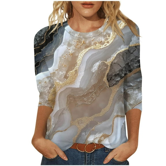 3/4 Sleeve Tops for Women Summer Sale Fashion Women Printing 3/4 Sleeve T-Shirt Pullover Round Neck Christmas Blouse