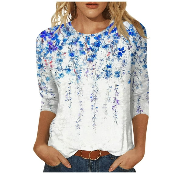 3/4 Sleeve Tops for Women Summer Sale Fashion Women's Casual Print Round Neck 3/4 Sleeve T-Shirt Blouse