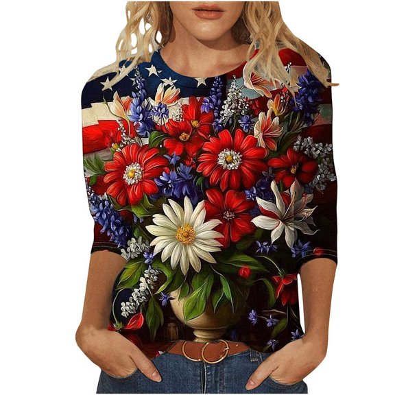 3/4 Sleeve Tops for Women Summer Sale Fashion Women's Casual Print Round Neck 3/4 Sleeve T-Shirt Blouse