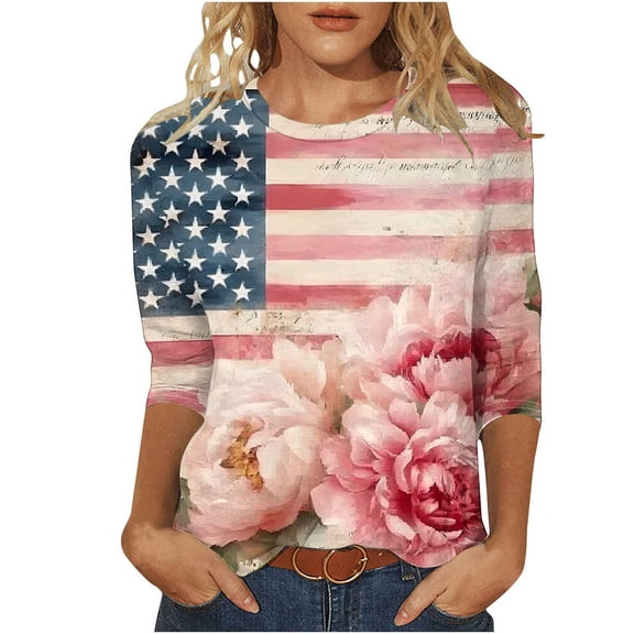 3/4 Sleeve Tops for Women Summer Sale Fashion Women's Casual Print Round Neck 3/4 Sleeve T-Shirt Blouse