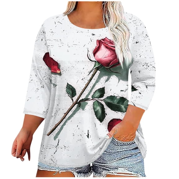 3/4 Sleeve Tops for Women Summer Sale Fashion Women's Casual Print Round Neck 3/4 Sleeve T-Shirt Blouse