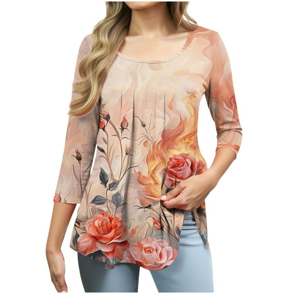 3/4 Sleeve Tops for Women Summer Sale Fashion Women's Casual Printing Round Neck 3/4 Sleeve T-Shirt Blouse Tops