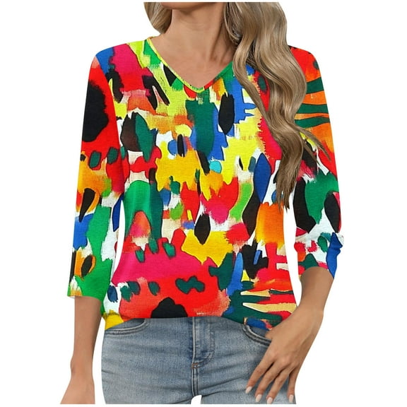 3/4 Sleeve Tops for Women Summer Sale Ladies' Fashionable Casual Printed V-neck Three Quarter Sleeve 3/4 Sleeve T-Shirt