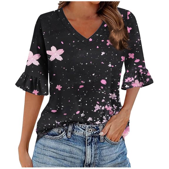 3/4 Sleeve Tops for Women Summer Sale Women Casual Printed Quarter Sleeved V-neck Ruffle