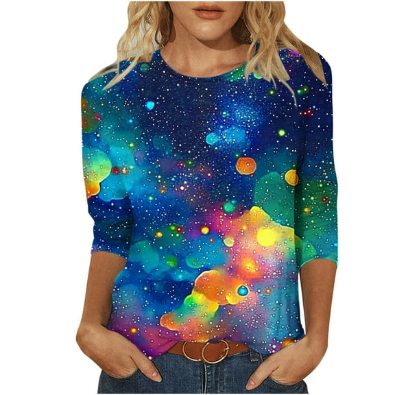 3/4 Sleeve Tops for Women Summer Sale Women's Fashion Printed T-Shirt 3/4 Sleeves Blouse Round Neck Casual