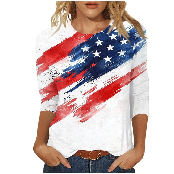 3/4 Sleeve Tops for Women Summer Sale Women's Independence Day Printed Blouses 3/4 Sleeve Round Neck Pullover Fashionable Top