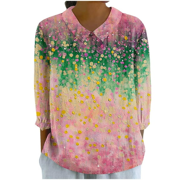 3/4 Sleeve Tops for Women Summer Sale Women's Print Turndown Collar 3/4 Sleeve Round-Neck Pullover Fashionable