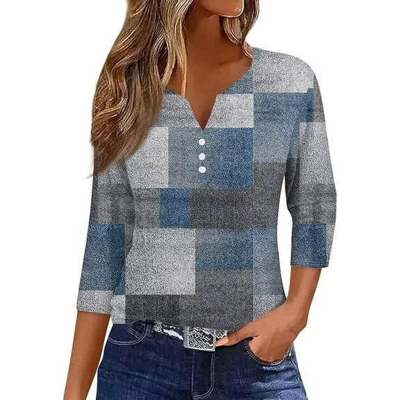 3/4 Sleeve Tops for Women V Neck Buttons Tops Solid Color Stripes Print Blouse Loose Fit Pullover Summer Casual Shirts