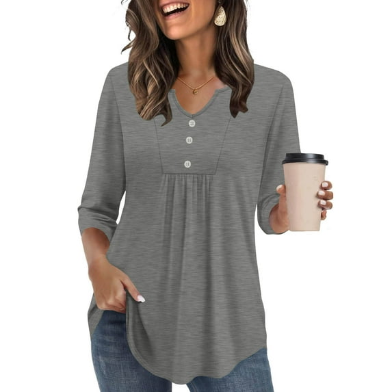 3/4 Sleeve Tops for Women V Neck Peplum Shirts Ladies Tunics and Blouses Dressy Casual Spring Fashion Clothing Gray L