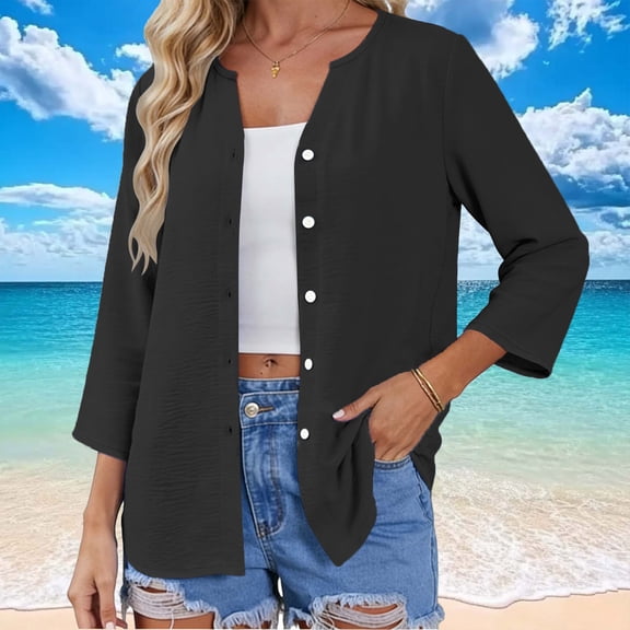 3/4 Sleeve Tops for Women V-neck Button-up Solid Color Cardigan Black Fall Outfit Spring Trendy Tshirts S-2XL
