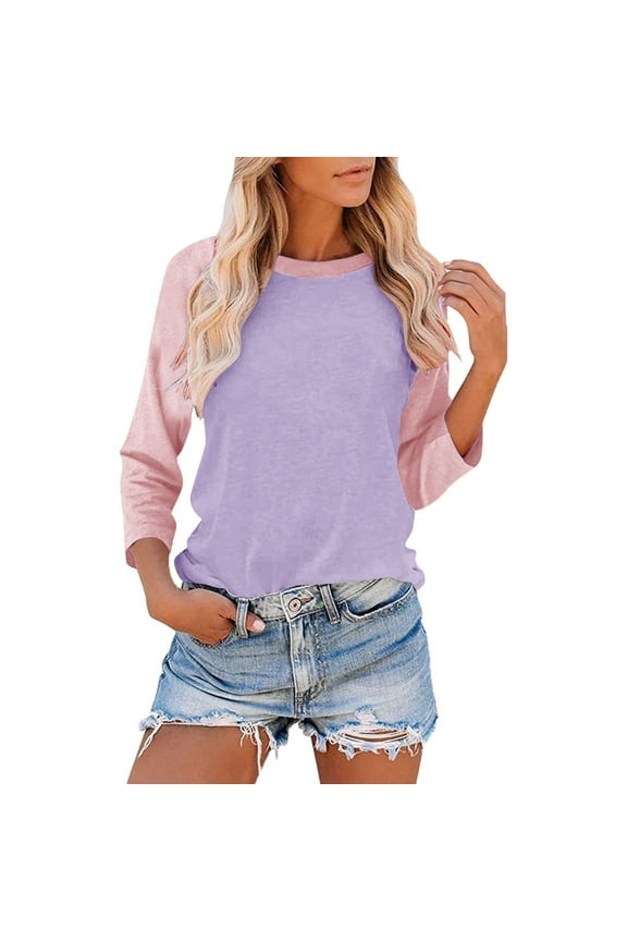 3/4 Sleeve Tops for Women Workout Jersey Shirts Baseball Style Raglan Tshirts Casual Color Block Tees Comfy Steetwear Purple XXXL