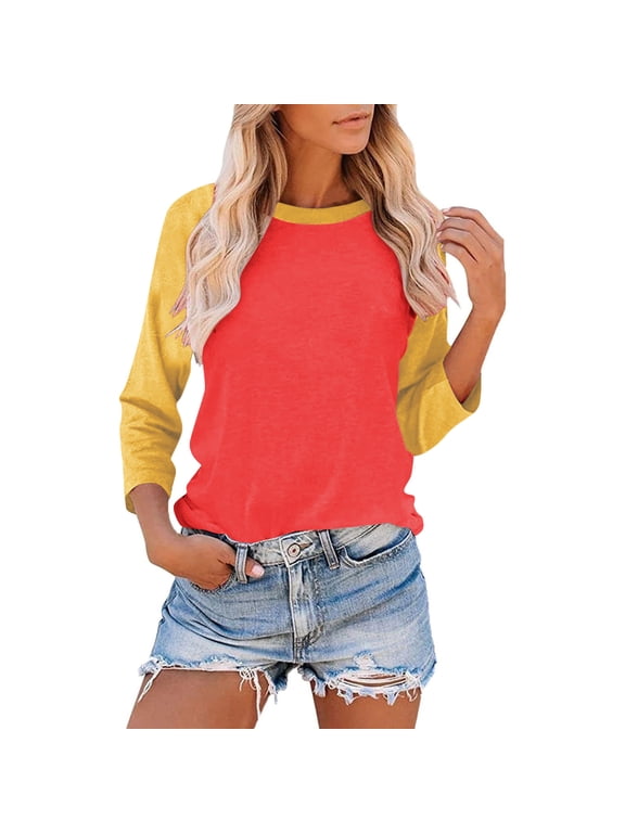 3/4 Sleeve Tops for Women Workout Jersey Shirts Baseball Style Raglan Tshirts Casual Color Block Tees Comfy Steetwear Yellow M