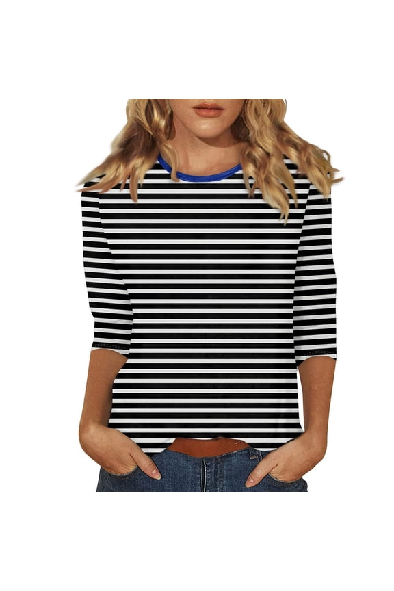 3/4 Sleeve Tops for Women, Yigetop Women Basic Crew Neck 3/4 Sleeve Blouses Casual Fashion Business Work Tee Top Ladies Tops Dark Blue L