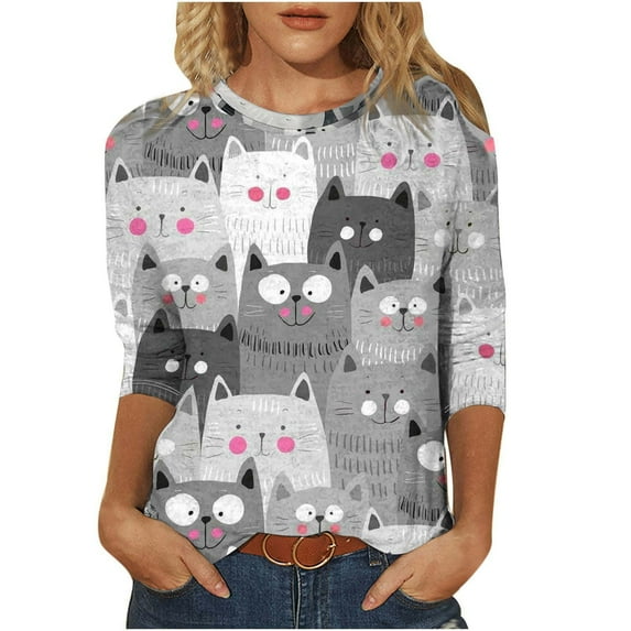 3/4 Sleeve Tops for Womens Cute Cat T Shirts,Womens 3/4 Sleeve T-Shirt Tops Crewneck Blouse Fashion Casual Pullover Tees Spring Top Sweatshirt