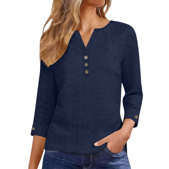 3/4 Sleeve Tops for Womens Eyelet Casual V-Neck Button Blouse Spring Summer Trendy Ladies Top