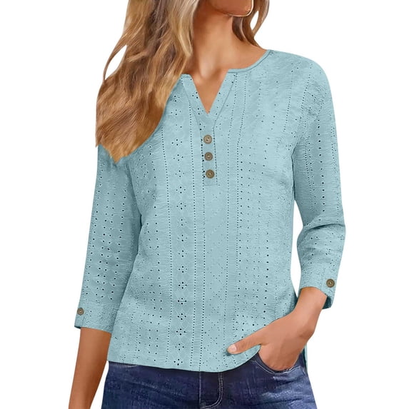 3/4 Sleeve Tops for Womens Eyelet Casual V-Neck Button Blouse Spring Summer Trendy Ladies Top