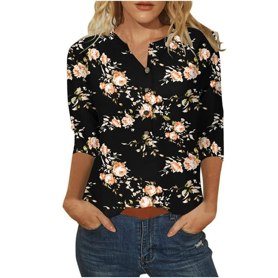 3/4 Sleeve Trendy Blouses for Women,Button Up Round Neck Summer Vacation T Shirts Flower Print Boho Tunic Tops
