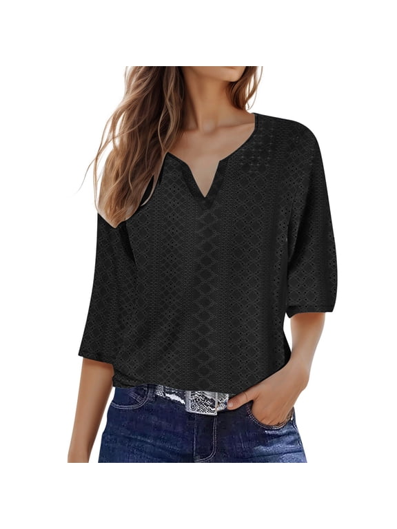 3/4 Sleeve Tshirts Shirts For Women Solid Colod Classic Dressy Casual Tunic Tops Breathable Spring Basic Blouses Vacation Clothes Black L