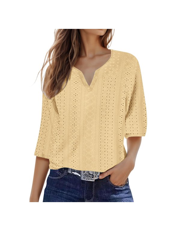 3/4 Sleeve Tshirts Shirts For Women Solid Colod Classic Dressy Casual Tunic Tops Breathable Summer Blouses Pullover Outfits Yellow XL