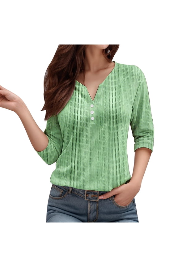 3/4 Sleeve Tshirts Shirts For Women Solid Colod Fashion Dressy Casual Button Tunic Tops Breathable Spring Basic Blouses Vacation Clothes Green L