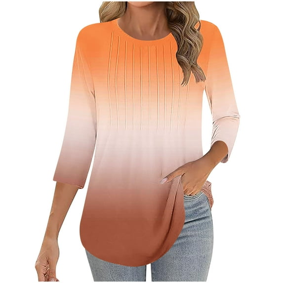 3/4 Sleeve Tunic Shirts Womens Gradient Crew Neck Dressy Casual Tops Loose Pleated Going Out Trendy Blouses, Orange L