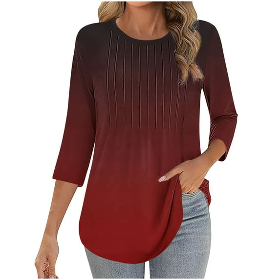 3/4 Sleeve Tunic Shirts Womens Gradient Crew Neck Dressy Casual Tops Loose Pleated Going Out Trendy Blouses, Wine 3XL