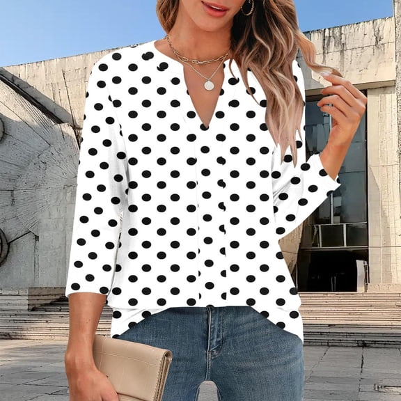 3/4 Sleeve Tunic Tops for Women Casual Polka V-neck Solid Color White Summer Beach Vacation Fashion Clothes S-2XL