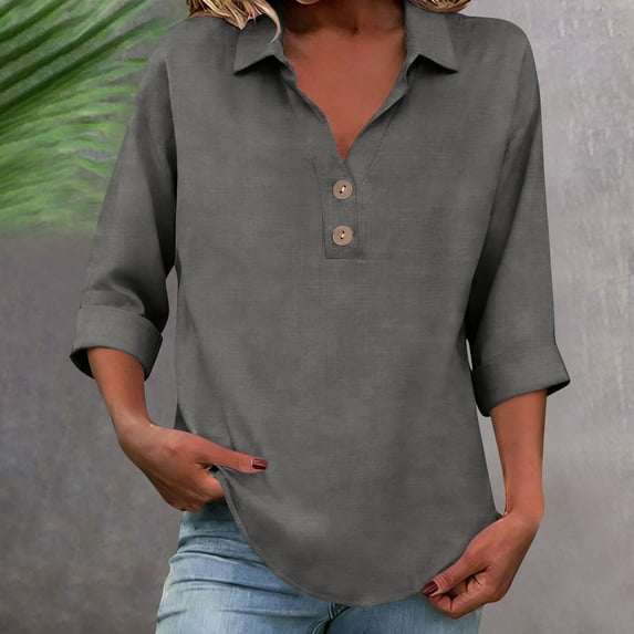 3/4 Sleeve Tunic Tops for Women Leisure Solid Color V Neck Summer Beach Vacation Fashion Clothes——Dark Gray∣XL