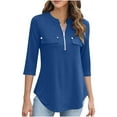 thumbnail image 1 of 3/4 Sleeve Tunics Blouse with Pockets, Women's Trendy Zipper V Neck Long Shirts, Slim Fit Casual Basic Tee Tops, 1 of 9