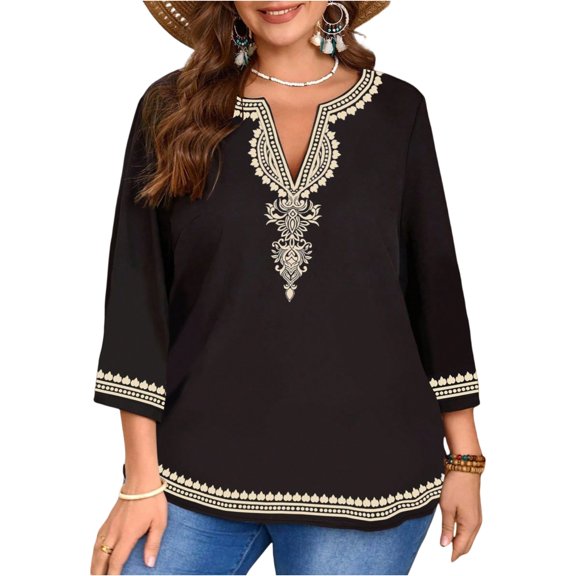 3/4 Sleeve V Neck Boho Tops for Women, Ethnic Floral and Geometric Style Top, Plus Size Blouses for Women Dressy Casual Black 2XL
