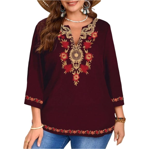 3/4 Sleeve V Neck Boho Tops for Women, Ethnic Floral and Geometric Style Top, Plus Size Blouses for Women Dressy Casual Red L