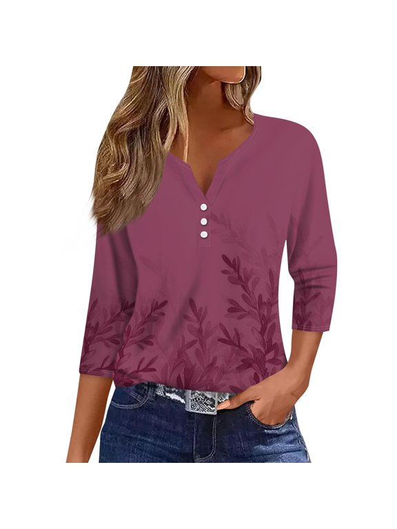 3/4 Sleeve V Neck Shirts For Women Solid Colod Classic Dressy Casual Button T Shirt Breathable Soft Summer Blouses Pullover Outfits Red XXXL
