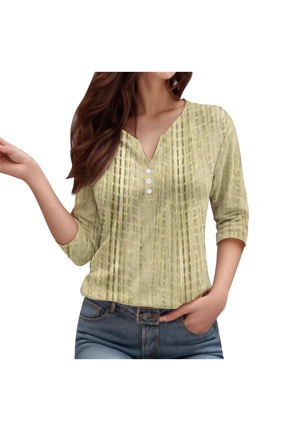 3/4 Sleeve V Neck Shirts For Women Solid Colod Fashion Dressy Casual Button Tunic Tops Breathable Spring Blouses Pullover Outfits Light Yellow L