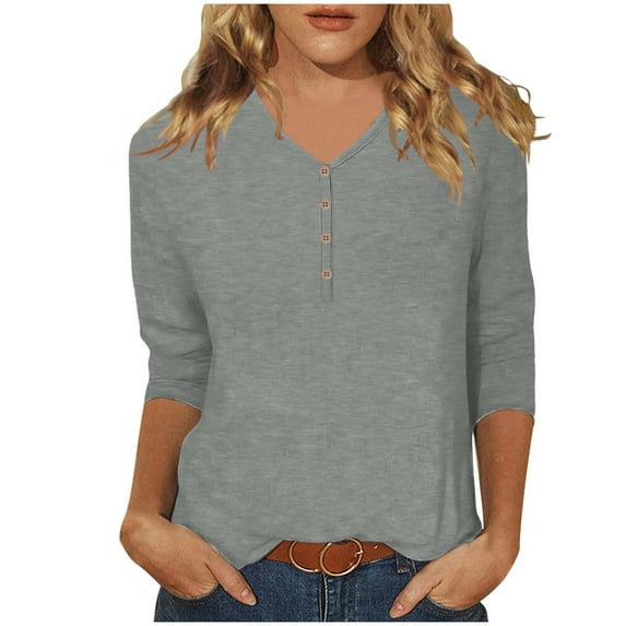 3/4 Sleeve V Neck Tops for Women with Buttons Solid Color Tshirts Loose Fall Spring Casual Base Tees (M, Gray)