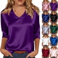 thumbnail image 1 of 3/4 Sleeve V Neck Women's Blouses Silk Satin Casual Dressy Tops Loose Fit Lightweight Soft Breathable Business Work Shirts, #02 Purple, XL, 1 of 7