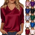 thumbnail image 1 of 3/4 Sleeve V Neck Women's Blouses Silk Satin Casual Dressy Tops Loose Fit Lightweight Soft Breathable Business Work Shirts, #02 Red, XXL, 1 of 7