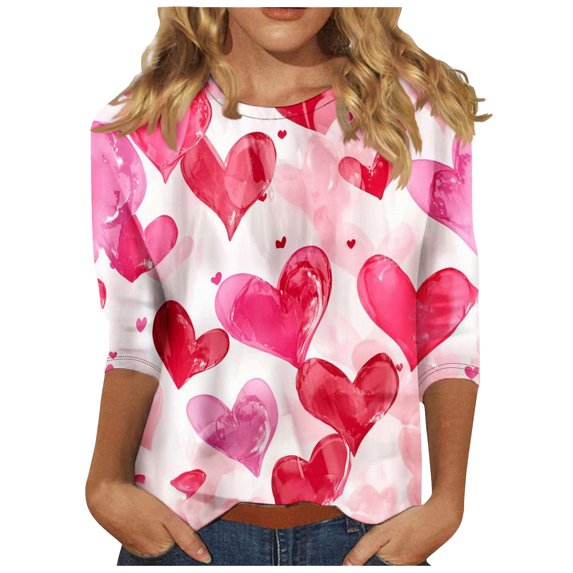 3/4 Sleeve Valentines Tops for Womens Cute Heart Graphic T Shirts Fashion Holiday Casual Baisc Tees