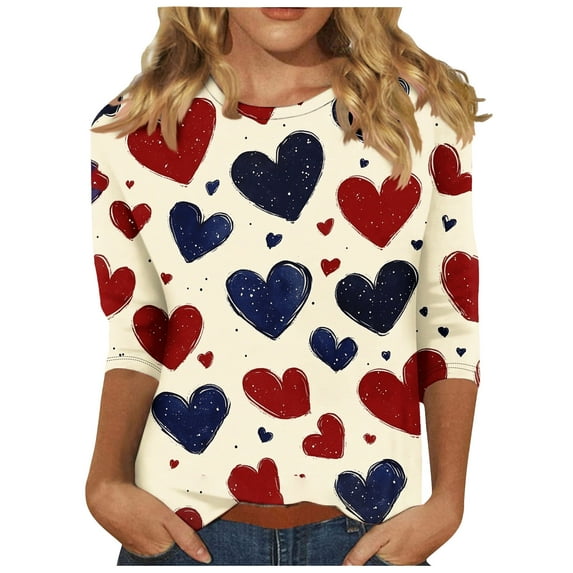 3/4 Sleeve Valentines Tops for Womens Cute Heart Graphic T Shirts Fashion Holiday Casual Baisc Tees