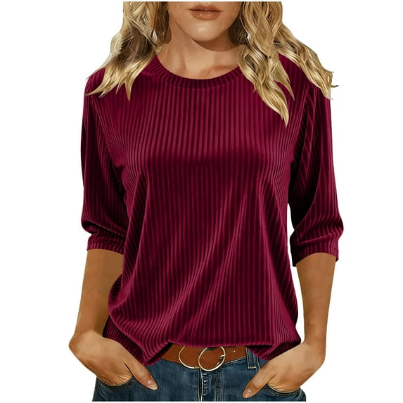 3/4 Sleeve Velvet Tops for Women Dressy Casual Crew Neck T-Shirts Solid Color Ribbed Blouses Plus Size (XL, Wine)